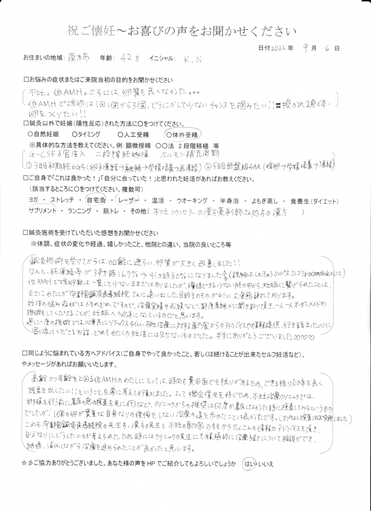 42歳患者様のご懐妊お喜びの声